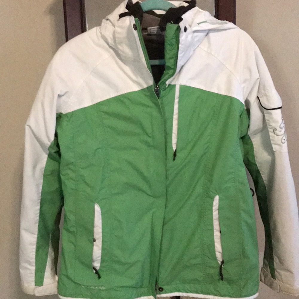 Green and white Columbia winter coat